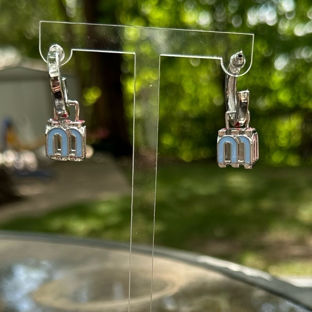 18K White Gold Plated “M” Multicolor Huggie Hoop Earrings With Cube From Hoop - Picture 4 of 5